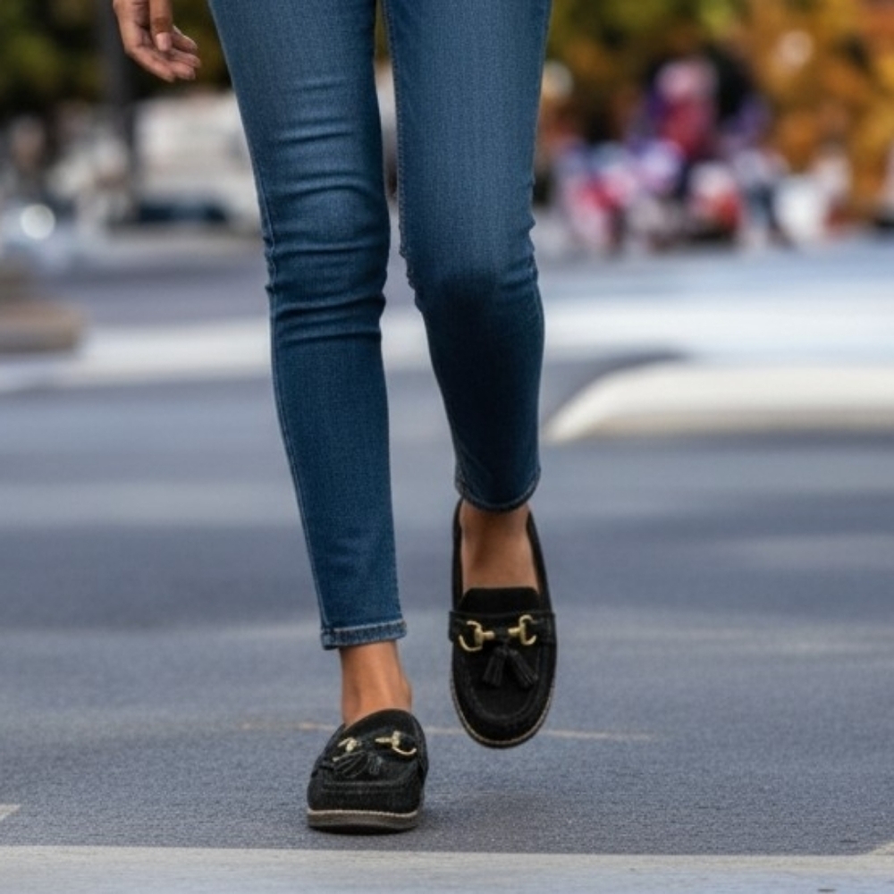 Women's Black Suede Loafers with Tassel Detail